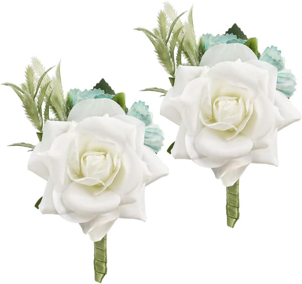 Boutonniere Brooch Flower Bridegroom Groom Men's Boutineer with Pin for Wedding, Prom, Homecoming (white)