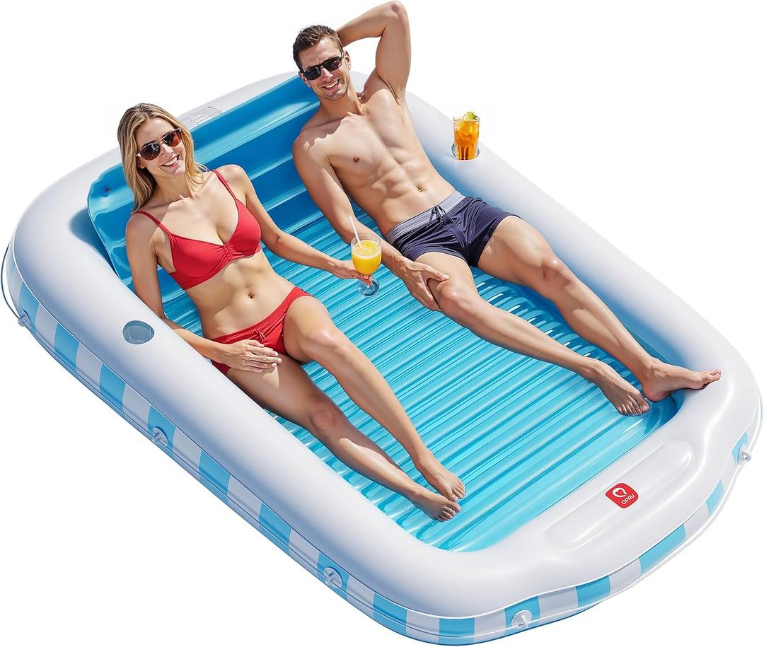 QPAU Inflatable Tanning Pool for Adults, 82"60" Extra Large Tanning Float with Footrest, Removable Pillow, Cushion Base, 2 Cup Holders, Grip Rope  Tanning Pool Float for Backyard, Beach, Pool (Blue&White)
