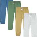 GFQLONG 4 Pack Toddler Boys and Girls Cotton Pants Lightweight Trousers, Kids Summer Casual Solid Sweatpants with Drawstring (8-9 Years, Green, Blue, Khaki, Grey)
