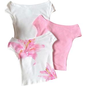 3 x WDIRARA Girl's 3 Pack Floral Off The Shoulder T Shirts Cap Sleeve Tee Fitted Tops (Pink), 8Y