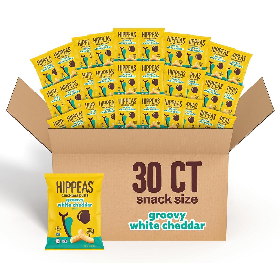 Hippeas Chickpea Puffs, Vegan White Cheddar, 0.8 Ounce (Pack of 30), 3g Protein, 2g Fiber, Vegan, Gluten-Free, Crunchy, Plant Protein Snacks (30 Ounce (Pack of 1))