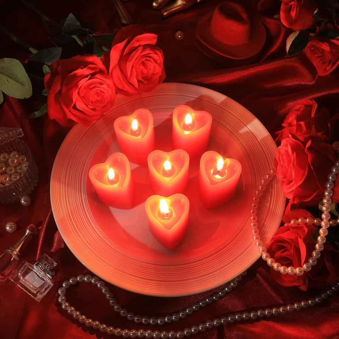 Honoson 6 Pcs 2'' x 1.65'' Red Heart Shaped Tea Lights: Long Lasting, Odorless, Modern, Solid Heart Candle for Valentine's Day, Wedding, Romance