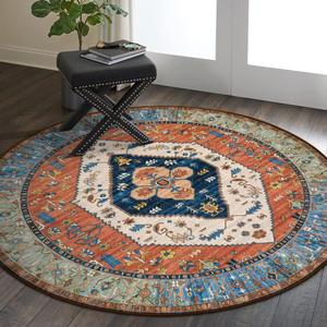 Lahome Boho Washable 3Ft Round Area Rug, Non-Slip Throw Untra-Thin Small Round Carpet, Oriental Vintage Distressed Circle Rug for Bathroom Bedroom Kitchen Office Adelyn, 3x3/Rust