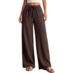 PRETTYGARDEN Women's Pants Casual High Waisted Palazzo Pants for Women with Pockets Textured Wide Leg Stretch Maternity Pants (Brown, Small)