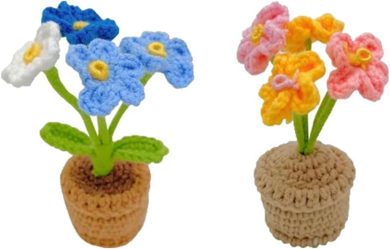 Mini Potted Artificial Plants Crochet Handmade Kintting Flowers for Office Desk Decor and Shelf Decor- for Gift, Birthday, Ideas for Valentine's Day (Forget-Me-Not)