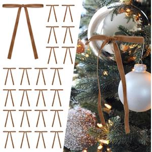 SIMISI RIBBON 24Pcs Camel Christmas Velvet Ribbon Bows Decorations Xmas Ornaments Vintage Decor for Tree, Wreath, Garland (3/8'' Width, 5 * 7 inch)