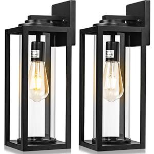 16inch Large Outdoor Wall Lights - 2 Packs Modern Black Exterior Light Fixture with Clear Glass Shade, Waterproof Porch Lighting for House, Farmhouse Sconces Lantern for Front Door, Garage (Sensor-Free)