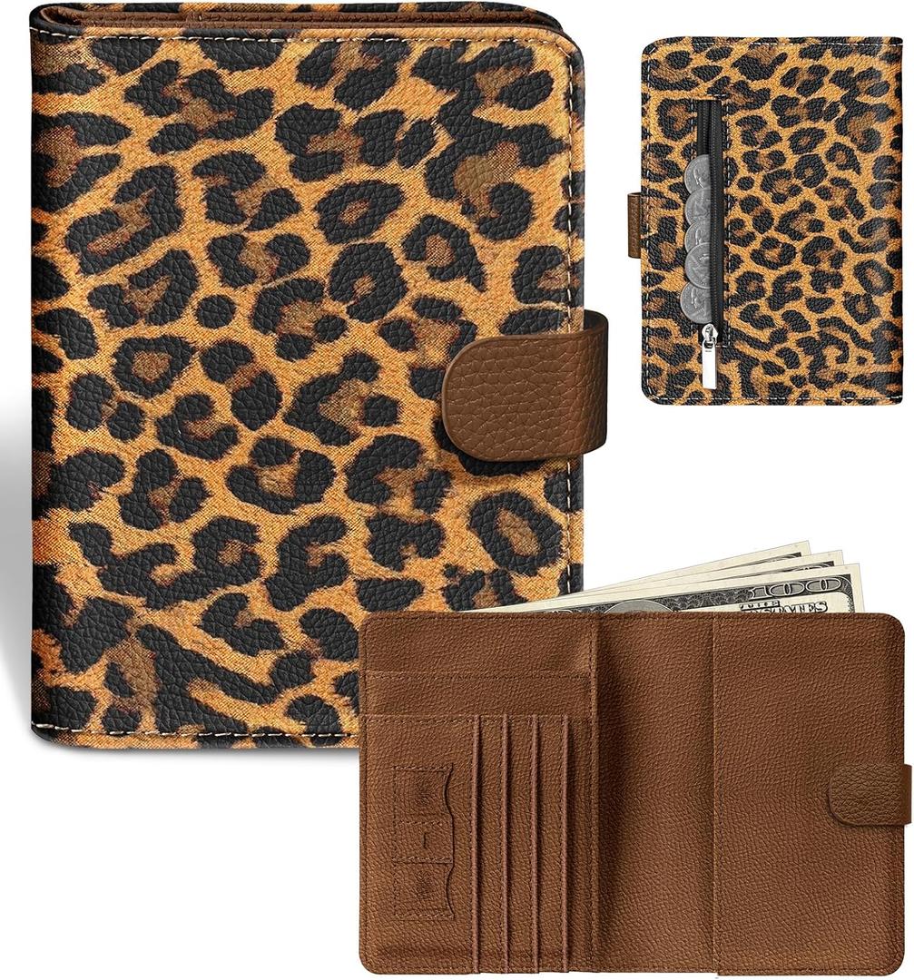 Slohif Passport Wallet Holder Cover for Travel - Women Men RFID Blocking Passport Book Case Protector, Brown Leopard Cheetah Leather Personalized Organizer Slim Carrier Boarding Pass Cards Slots