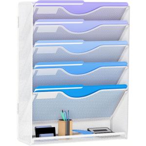 Gawerk 6 Tier Hanging File Organizer, Mesh Wall File Holder Paper Folder Rack with Bottom Flat Tray for Office Home, White
