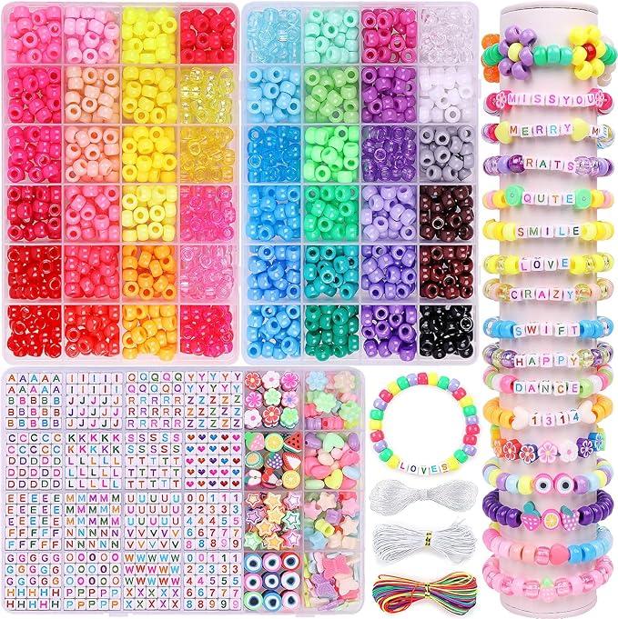 Pubiseed 2303pcs 48 Colors Pony Beads for Bracelet Making Kit, 1500pcs Kandi Bead and 700pcs AZ Square Letter for Friendship Bracelet Kit, 200 pcs Plastic Bead for Adults Jewelry Making Crafts