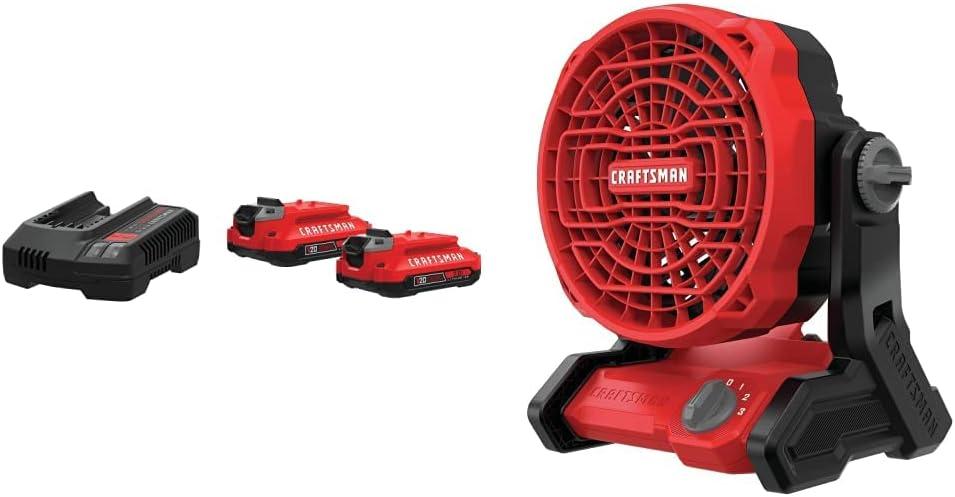 CRAFTSMAN V20* Battery & Charger Starter Kit, 2.0Ah w/ 20V MAX* Cordless Fan, Tool Only (CMCB202-2CK & CMCE001B)
