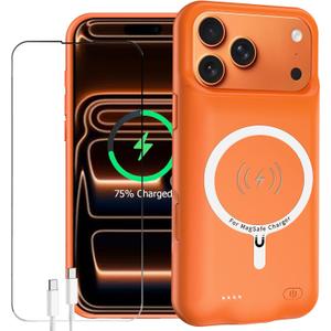 Battery Case for iPhone 17 Pro Max, Enhanced 12000mAh Portable Protective Wireless Charging Case Support Carplay Compatible with iPhone 17 Pro Max (6.9 inch) Rechargeable Battery Charger Cover(Orange)