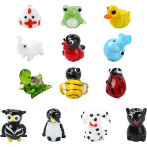 LiQunSweet 13 pcs 13 Styles Animal Lampwork Beads Frog Penguin Cat Dog Ladybug Bee Dolphin Glass Beads for DIY Jewelry Bracelet Necklace Earring Crafts Bag Keychain Embellishments