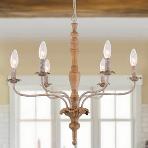 Rustic French Country Chandelier, 6-Light Farmhouse Metal Distressed Wood Candle Chandeliers Light Fixture, Adjustable Hanging for Dining Room, Kitchen, Foyer, Living Room, Bedroom, E12