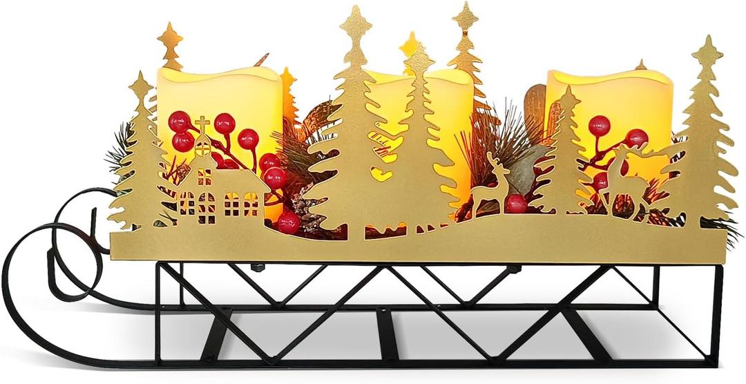 Christmas Sleigh Centerpiece Table Decorations with Flickering Led Candle Lights Xmas Sleigh Silhouette Candelabrum for Dinning Room, Table, Fireplace, Mantel Holiday Decoration (Gold)