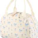 Blue Bow and Flower Lunch Bag Cute Corduroy Insulated Lunch Box for Women Coquette Tote Bag Reusable Large Capacity Cooler Containers Preppy Stuff Gifts for Picnics Travel Outdoor