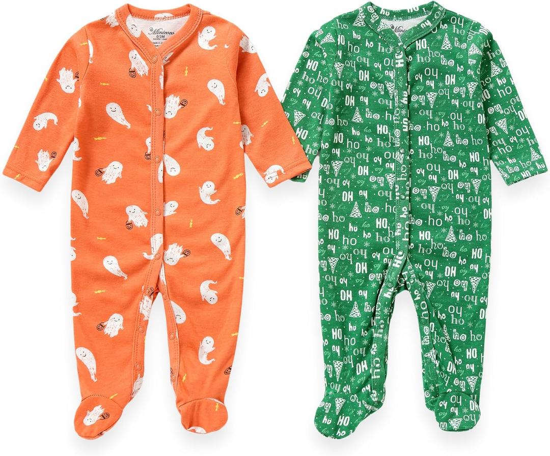 Baby Girls Cotton Footies 2-Pack Long Sleeve Baby Footed One-Piece Jumpsuit (3-6 Months, Ghost)