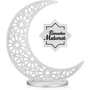 DoubleFill Ramadan Decorations Wooden Ramadan Table Centerpiece Mubarak Sign Eid Decoration Islamic Home Decor Crescent Moon Hollow Star Ornament for Islamic Gifts(Silver)