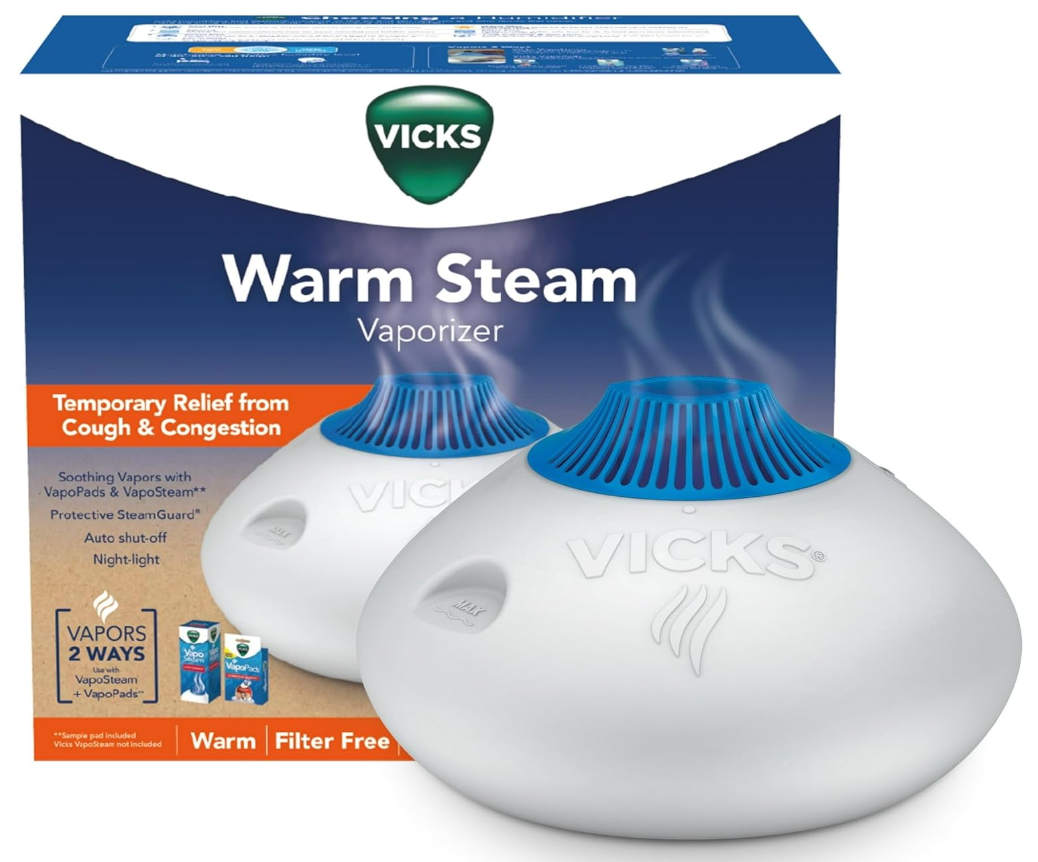 Vicks Warm Steam Vaporizer & Humidifier 1.5 Gallon Tank for Small and Medium Rooms, Night Light, Works with VapoPads and VapoSteam