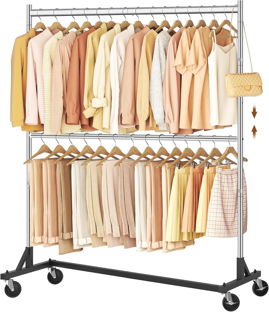 Hoctieon Double Rod Z Rack, Rolling Clothes Racks with Z-Base, Adjustable Clothing Rack, Standing Clothes Rack, Metal Clothing Racks for Hanging Clothes, Portable Garment Rack, Chrome