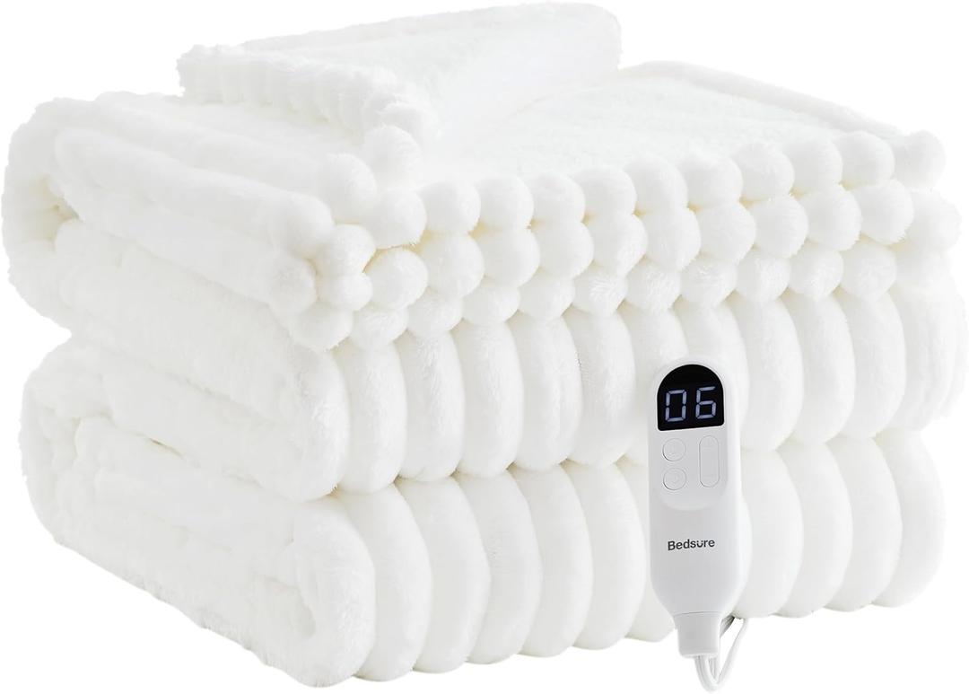 Bedsure Electric Blanket Twin - Thick Striped Flannel Electric Blanket, Heating with 10 Time Settings, 6 Heat Settings, and 8-Hour Timer Auto Shut Off, Gift for Grandma (62x84 inches, White)