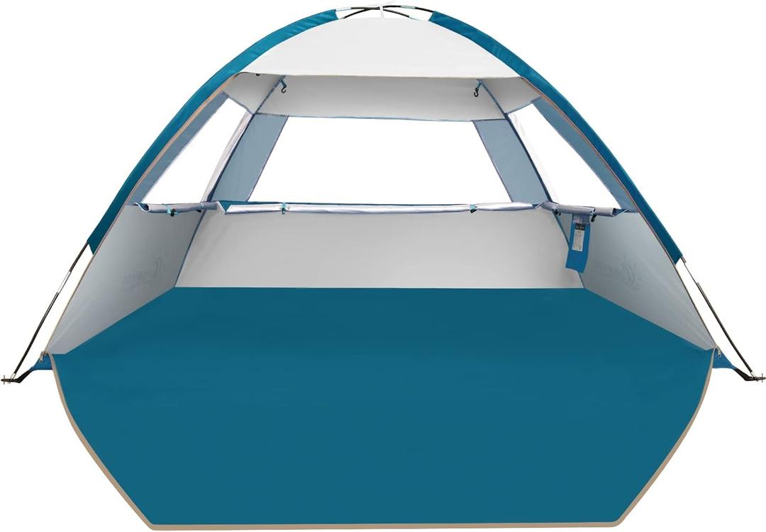 COMMOUDS Beach Tent Sun Shade for 3/4-5/6-7/8-10 Person, UPF 50+ Beach Sun Shelter Canopy Tent, Lightweight, Easy Set Up and Carry (Silver)