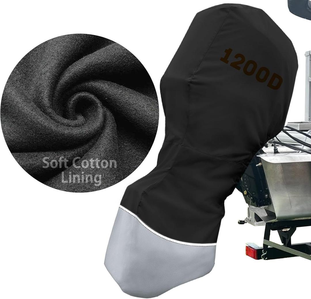 Full Outboard Motor Cover - 1200D Waterproof Boat Motor Cover with Cotton Lining, Fits 135-250 HP Outboard Engine, Heavy Duty, Silver Black