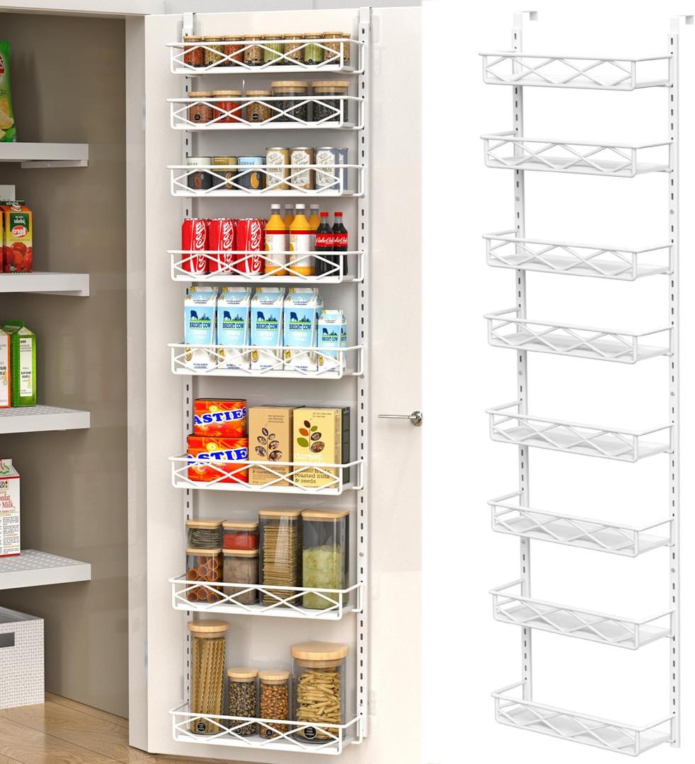 Over The Door Pantry Organizer, 8-Tier Wood & Metal Over The Door Organizer with Adjustable Basket, Hanging Spice Rack, Door Organization and Storage for Kitchen Pantry Door Cabinet, White