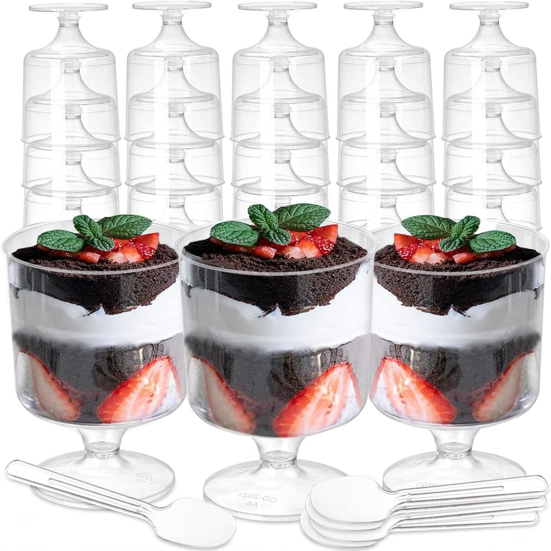 Youeon 50 Pack Mini Plastic Dessert Cups with Spoons, 5 Oz Clear Appetizer Goblet Dessert Cup, Small Shooter Cups for Desserts, Appetizers, Puddings, Mousse Youeon 50 Pack Mini Plastic Dessert Cups with Spoons, 5 Oz Clear Appetizer Goblet Dessert Cup, Small Shooter Cups for Desserts, Appetizers, Puddings, Mousse