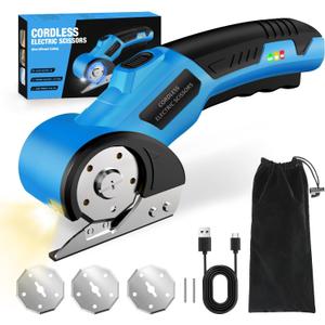 Cordless Electric Scissors,4V Rechargeable Cardboard Cutter Heavy Duty Scissor with Safety Lock & LED Light for Box Carpet Plastic Fabric(Blue