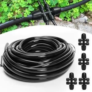 Bonviee 50FT 5/16 Drip Irrigation Mainline Tubing with 4-Way Push-to-Connect Couplers (4 Pack) Compact DIY Garden Irrigation Distribution System for Misting, Raised Beds & Small Spaces