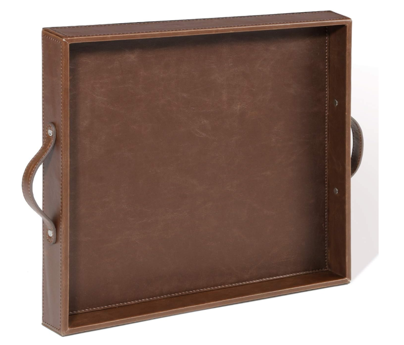 Ranslen Square Leather Serving Tray with Handles, 15"x15" Decorative Table Tray for Home, Ottoman, Coffee Table, Brown