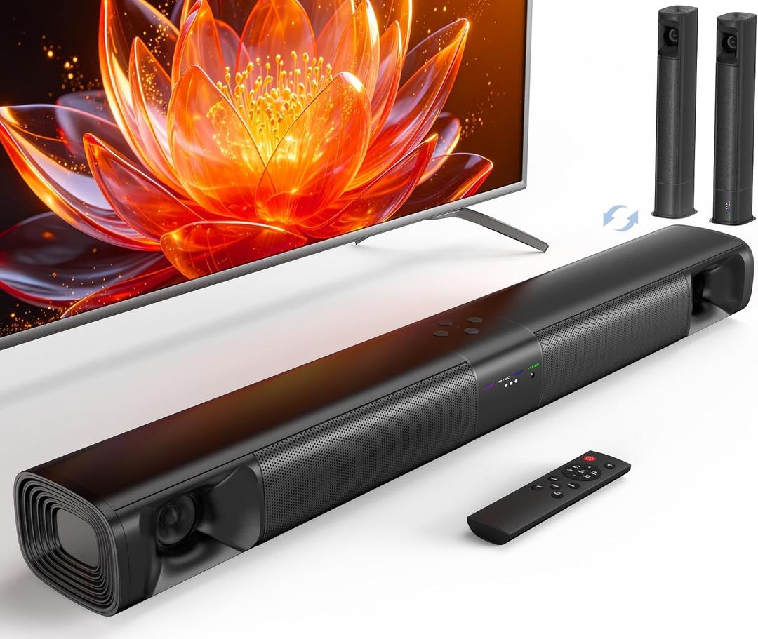 Sound Bar for Smart TV, 80W 2.0 Channel Surround Sound System | 2-in-1 Detachable Soundbar, Dual Woofers & Silk Tweeters, Bluetooth5.3/ARC/AUX/Optical, Home Theater Speaker