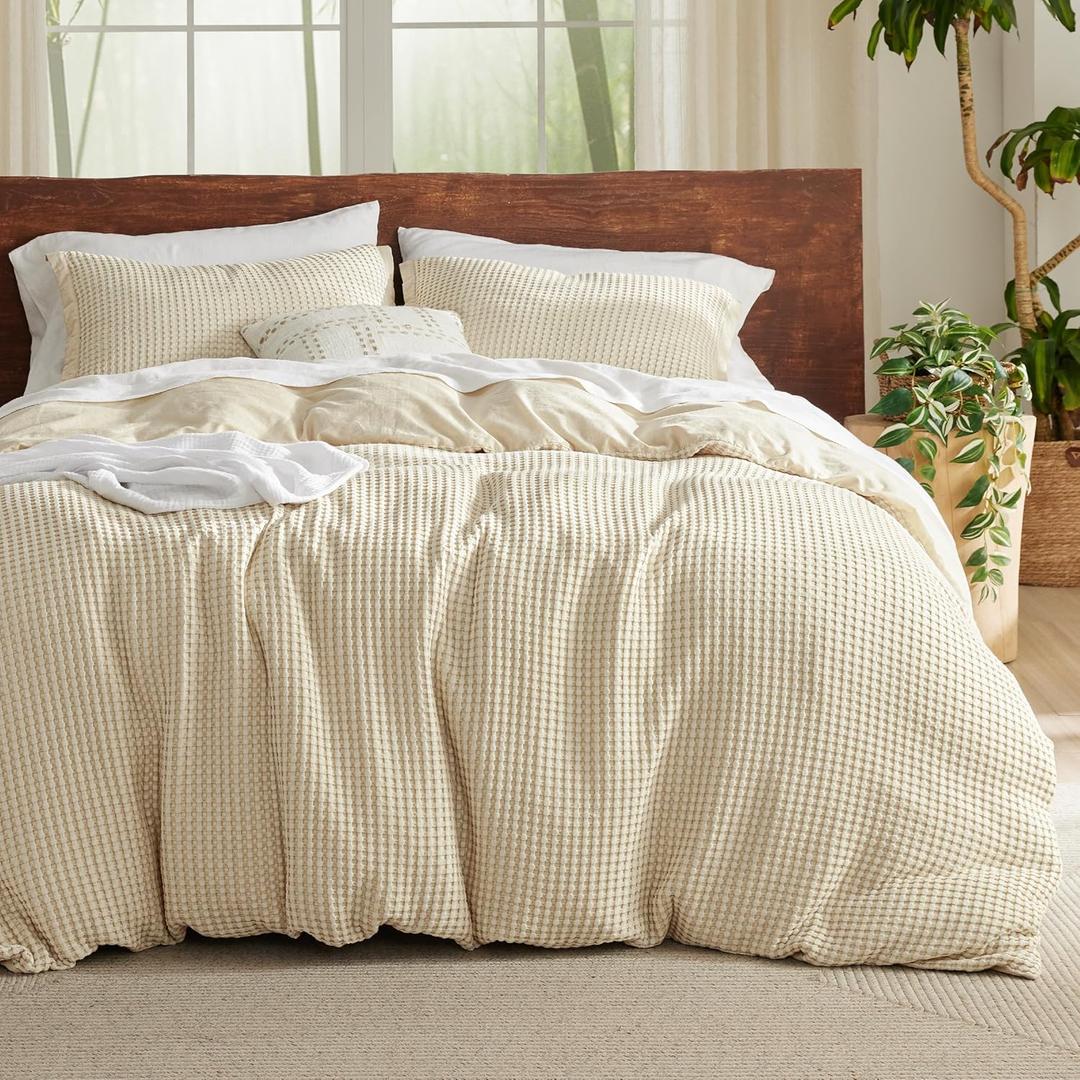 Bedsure Cotton Duvet Cover King - 100% Cotton Waffle Weave Coconut White Duvet Cover King Size, GentleSoft and Breathable Bedding Set for All Season, 3 Pieces, 104"x90"