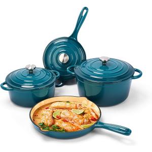 Hisencn Enameled Cast Iron Cookware Set, 7 Piece Set of Dutch Ovens, Sauce Pan, Skillet, 3 Lids, Dutch Oven Set, Ceramic Coated Cast Iron, Gas/Induction Compatible, PFA Free, Come with Organizer, Teal