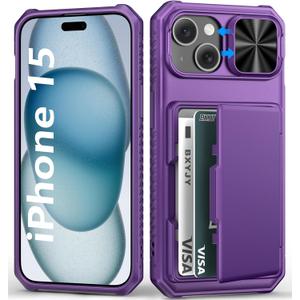 for iPhone 15, iPhone 14, iPhone 13 Case Wallet, Built-in Card Holder(4-5 Cards), Slide Camera Cover, Military Grade & RFID Protection, Heavy Duty Phone Case for iPhone 15/14/13, Dark Purple