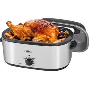 Sunvivi Roaster Oven, Electric Roaster Oven with Viewing Lid, 30lb 26-Quart Turkey Roaster with Unique Defrost/Warm Function, Large Roaster with Removable Pan & Rack, Stainless Steel, Silver, 26qt