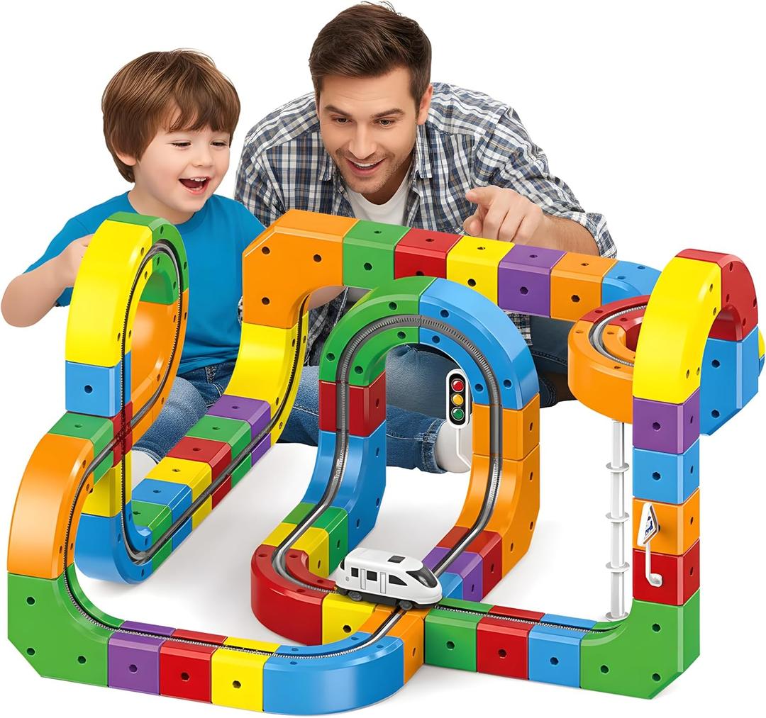Electric Train Set for Kids  123 Pieces Toy Train with Flexible Track, 3D DIY STEM Building Construction Toy for Boys and Girls Ages 3-8, Birthday Gift