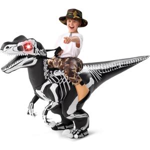 Spooktacular Creations Kids Halloween Inflatable Costumes, Raptor Blow Up Costume with Skeleton Digital Printing, Ride On Dinosaur Inflatable Suit for Halloween Cosplay Themed Party