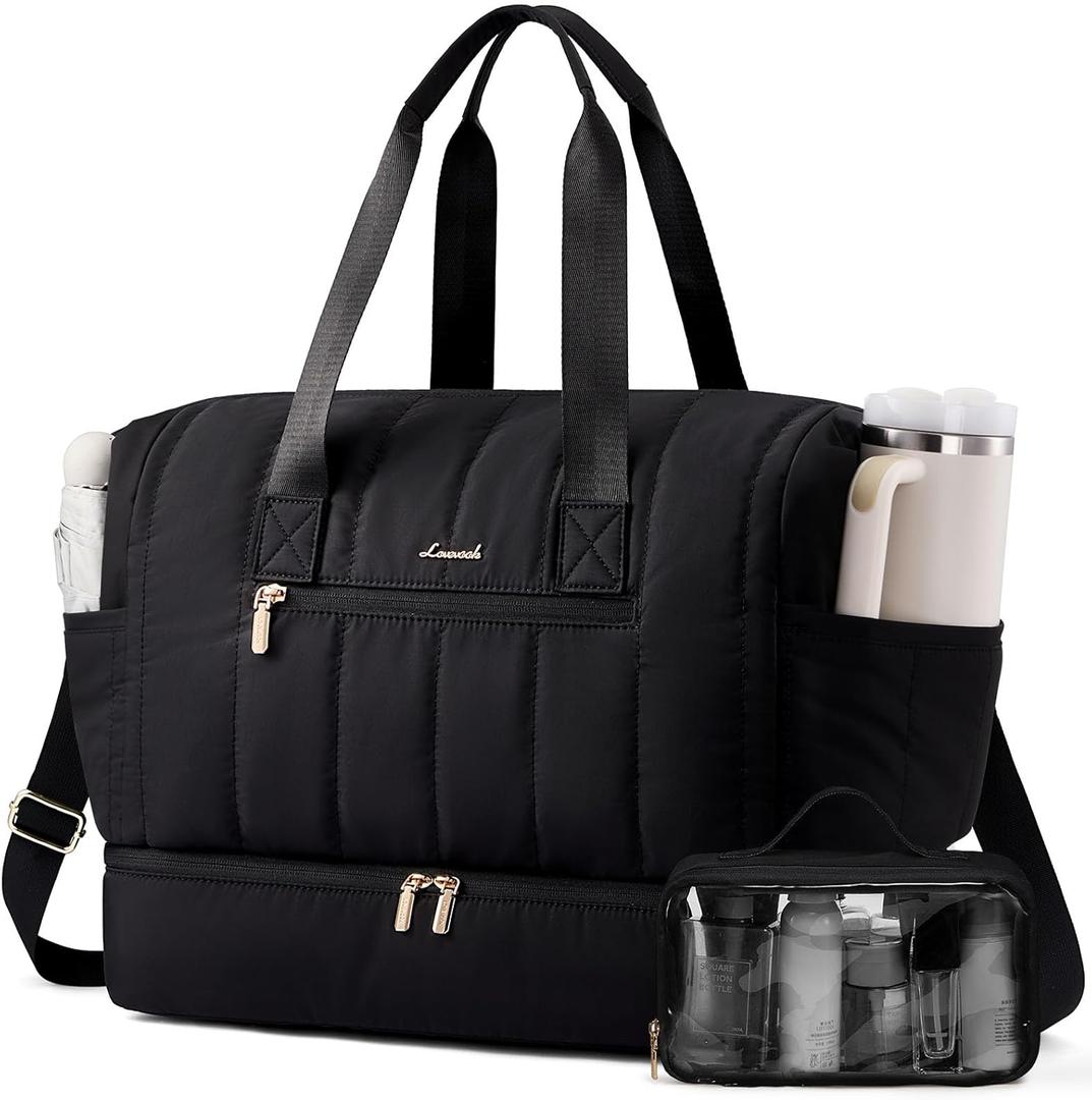 LOVEVOOK Travel Duffle Bag,Puffer Weekender Bags For Women with Shoe Compartment,42L Carry On Duffel Bags For Airplanes,Hospital Bag for Labor and Delivery,Overnight Bag With Toiltry Bag,2Pcs Set (Black)