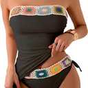 WDIRARA Women's 2 Piece Floral Strapless Tankini Swimsuits High Waisted Thong Bathing Suit (Medium, Black)