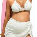 Women's Maternity 3 Pieces Swimsuit Textured Ruffle Trim Halter Bikini Set with Beach Skirt (White)