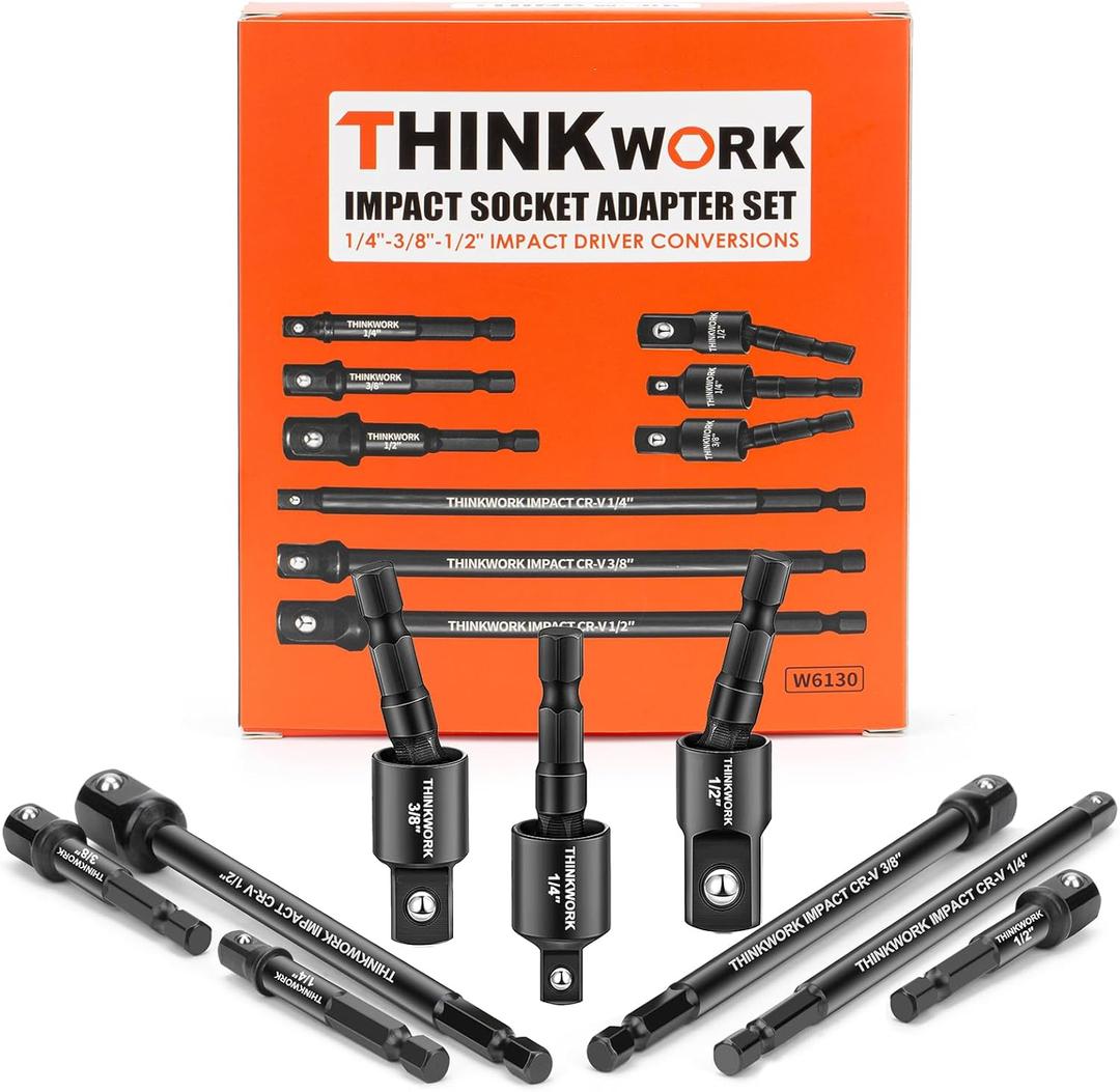 THINKWORK Impact Socket Adapter Set, 1/4" 3/8" 1/2" Drill Socket Adapter Set, 1/4" Hex Shank for Cordless Impact Driver Power Drill 8 Piece