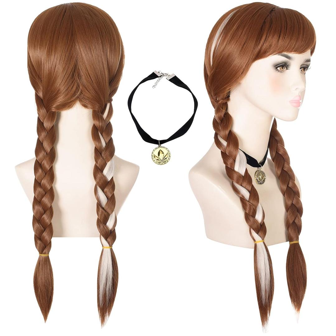 morvally Long Brown Braided Cosplay Wig for Women with Necklace Pigtails Synthetic Hair Wigs for Princess Costume Halloween Party Adult Size (Adult) (Brown Mix Blonde)