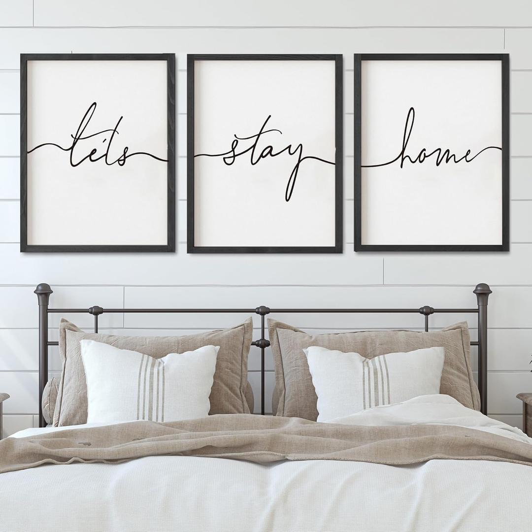 Set of 3 Framed Farmhouse Let's Stay Home Sign 11x14 Above Bed Wall Decor for Bedroom Decor Wall Art Wood Signs 11x14Black