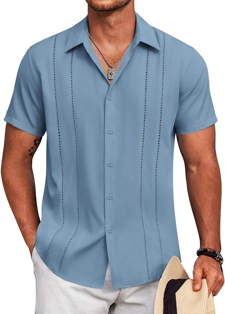 COOFANDY Mens Cuban Guayabera Shirt Short Sleeve Button Down Shirts Summer Beach Vacation Shirts (Brown, L)