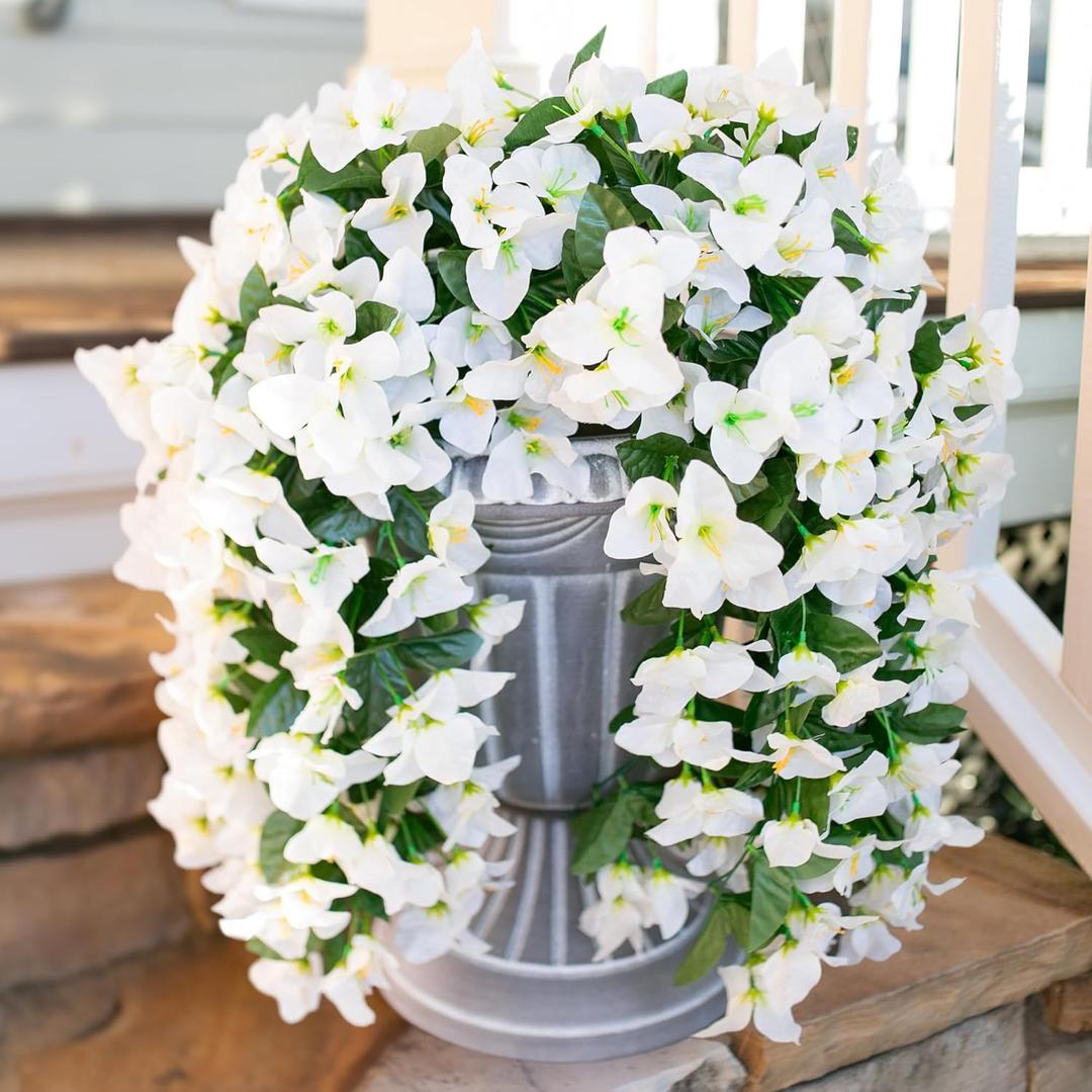 HyeFlora Bougainvillea Artificial Hanging Flowers Plants for Outdoors Decoration, 2pcs Fake Flowers Silk Bougainvillea Vines Realistic UV Resistant Faux Flowers for Outdoor Planters Patio Urn, White