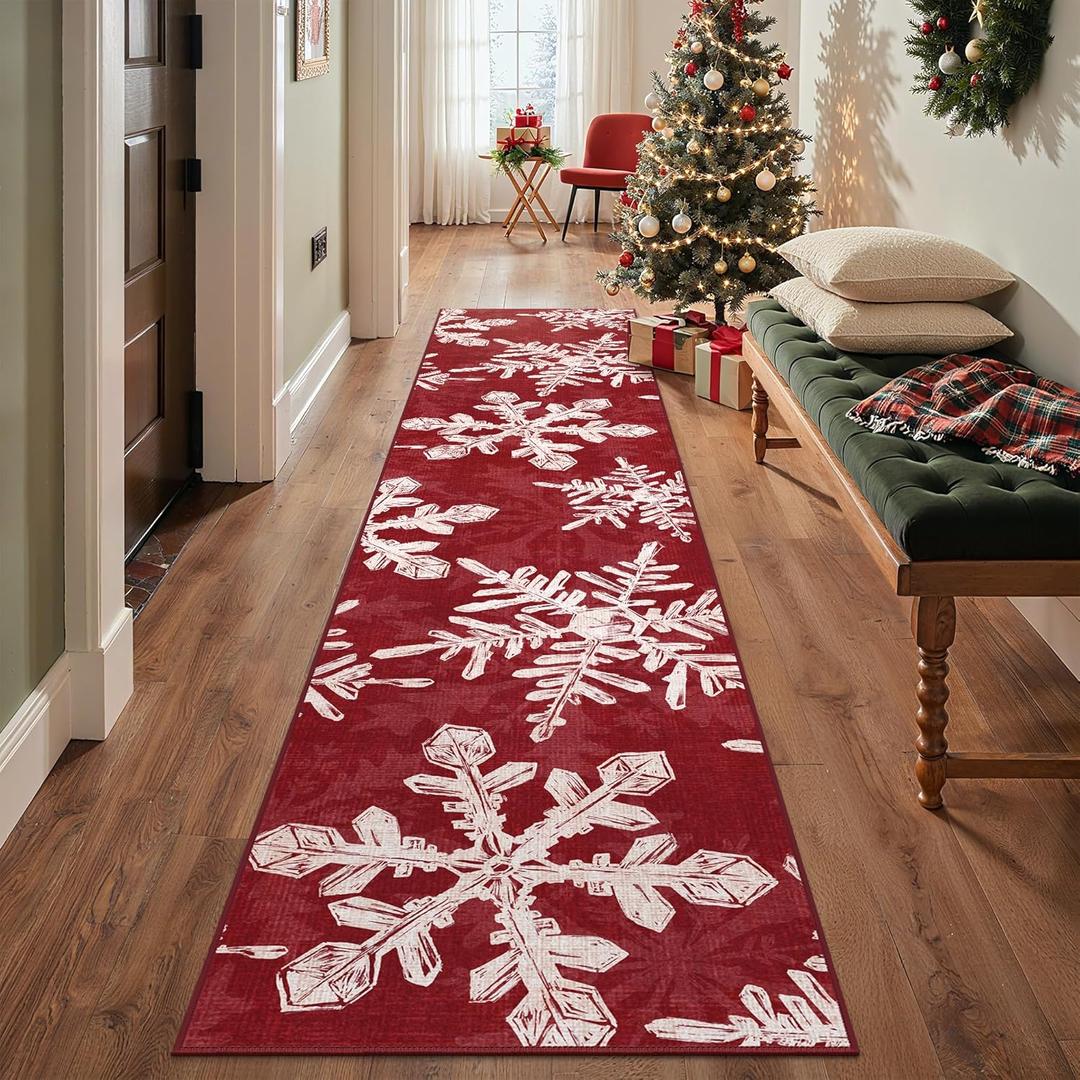 Christmas Runner Rug 2x6 Washable Rug for Hallway Kitchen Bedroom, Christmas Home Decor, Holiday Print Carpet, Low Pile Mat with Non Slip Backing, Snowflake
