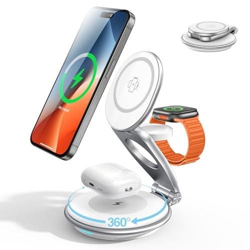 EXW Wireless Charging Station for Magsafe, 3 in 1 Foldable Charger for iPhone 16/15/14/13/12 Series, Apple Watch & AirPod (30W Charger Included)