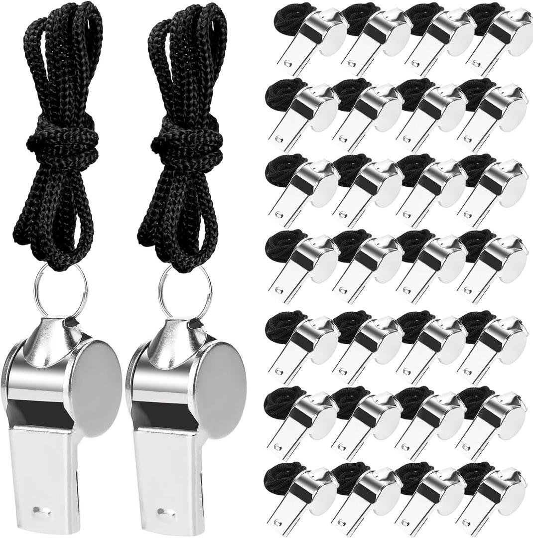100 Pcs Stainless Steel Whistle with Lanyard, Sports Whistles for Adults, Loud Metal Whistle Bulk for Teachers, Coaches, Police, Referees